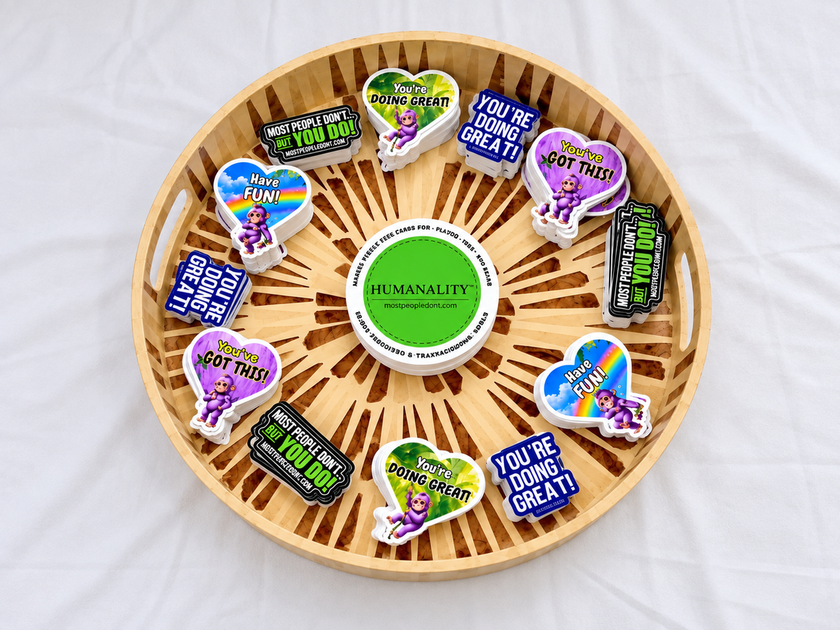 Most Gorillas Don't sticker set, three 3 inch die-cut vinyl stickers shown side by side: You've Got This!, You're Doing Great!, and Have Fun!, each a heart shape featuring Plum the gorilla