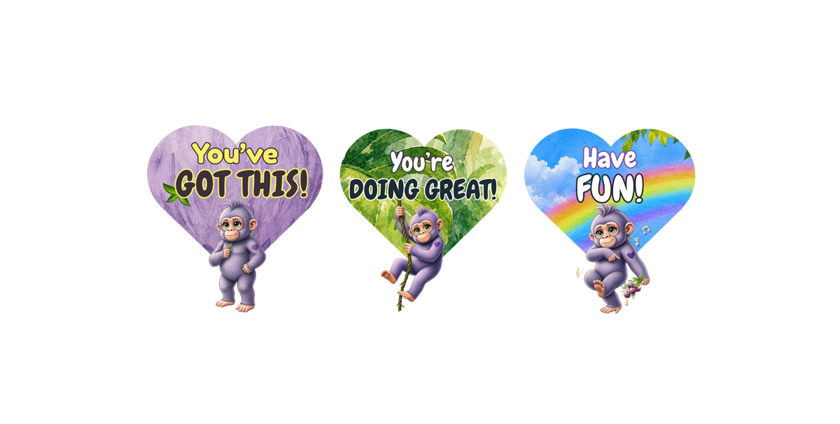 Most Gorillas Don't sticker set, three 3 inch die-cut vinyl stickers shown side by side: You've Got This!, You're Doing Great!, and Have Fun!, each a heart shape featuring Plum the gorilla