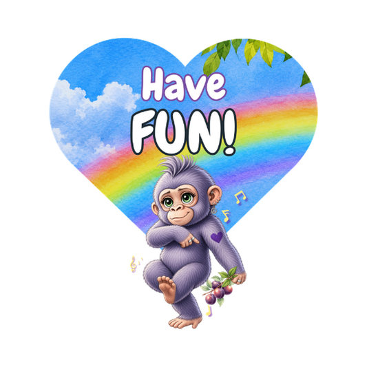 Most Gorillas Don't Have Fun! sticker, 3 inch heart-shaped vinyl with Plum the gorilla dancing under a rainbow